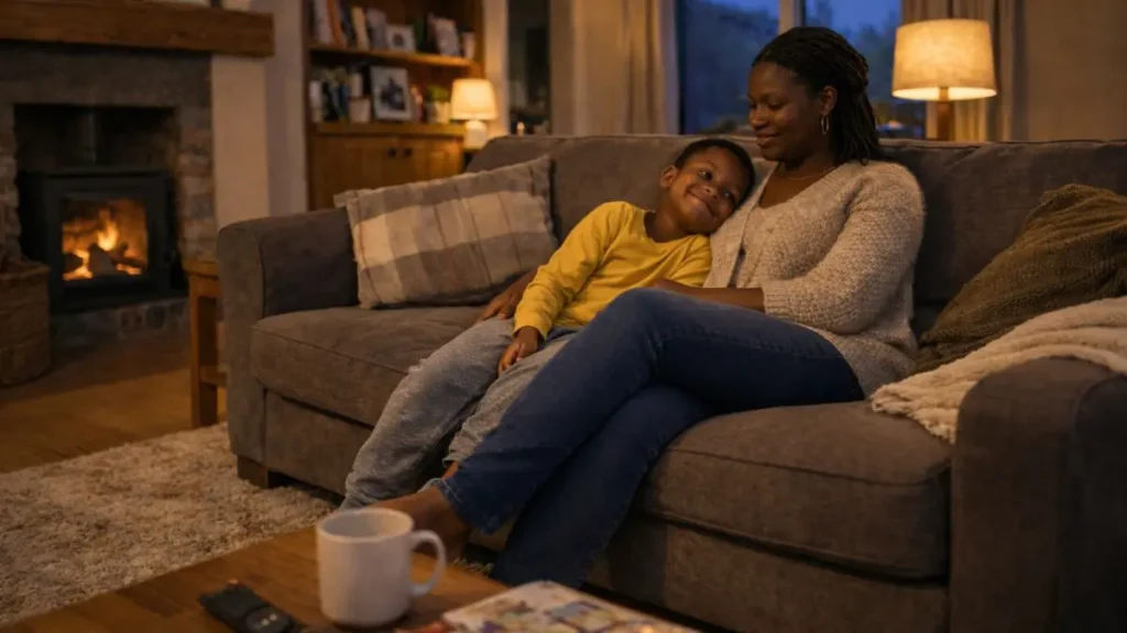 A parent and child sitting calmly together on a sofa in a softly lit living room in the evening