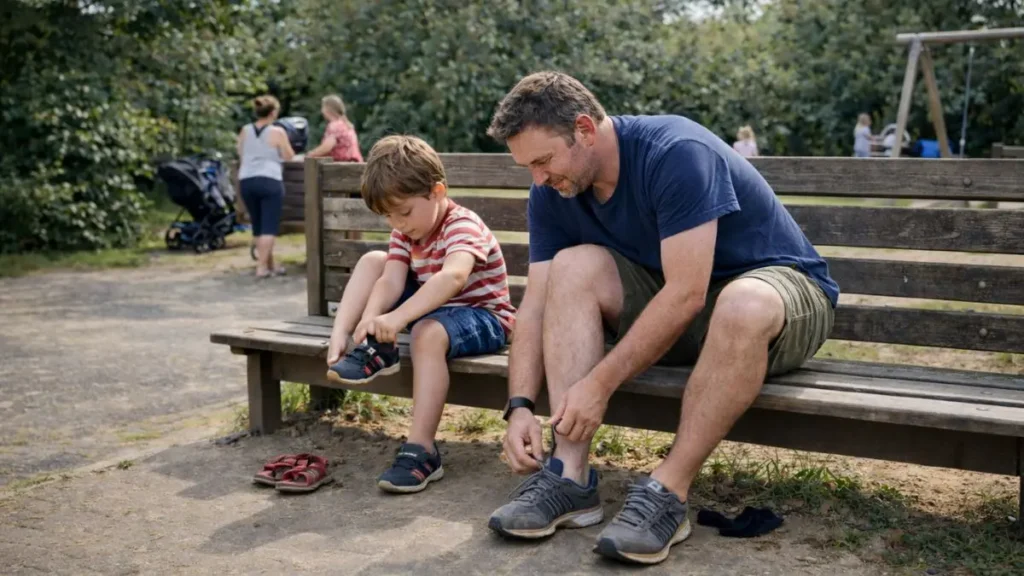 A parent helping a child put their shoes on before leaving the playground