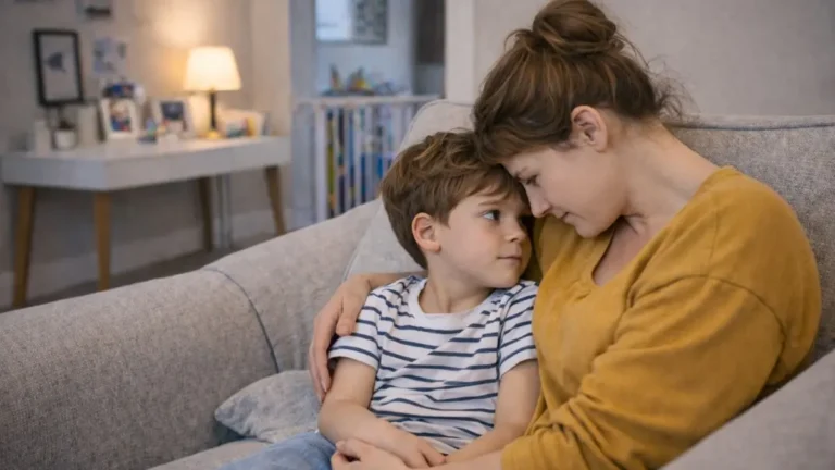 Mum sitting closely with her son on a sofa, offering calm support during an emotional moment at home