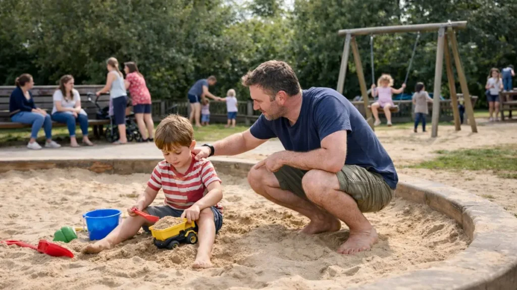 A dad gently helping his child prepare to leave a playground sandpit
