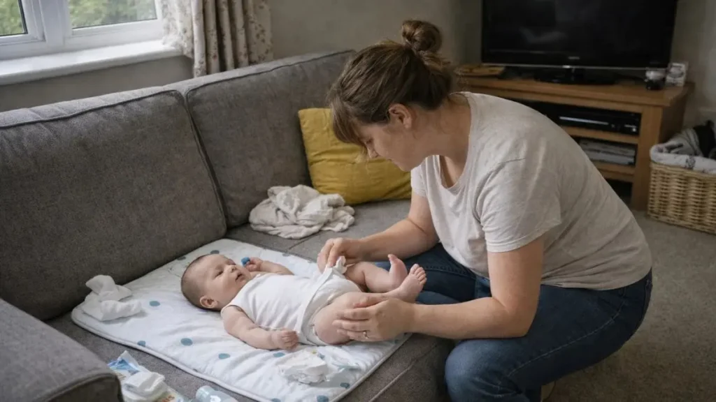 Baby products you don’t need vs what’s actually useful 3 Parent changing baby on a simple mat at home.
