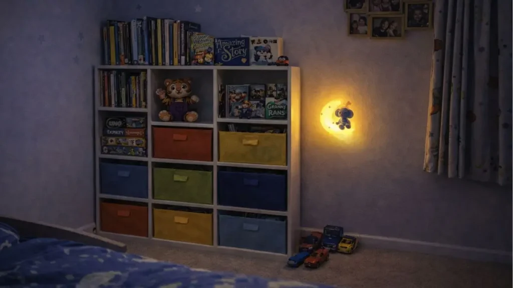 Everyday items that quietly support calmer routines 3 Child’s bedroom with coloured storage boxes and a soft night light and Tanga the Tiger creating a calm bedtime environment