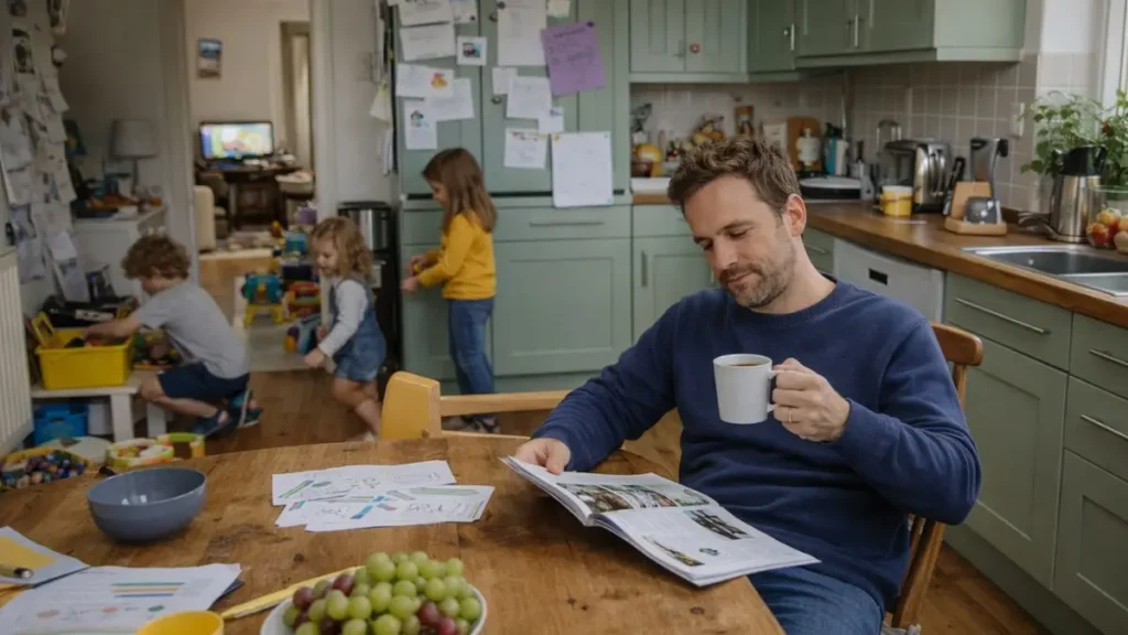 Dad sitting at a kitchen table drinking coffee while children play in a busy but calm family home.