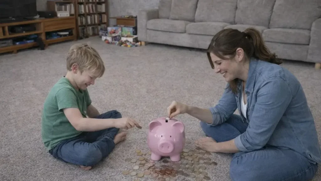 Why saving money as a parent can feel surprisingly difficult 3 Mother and son putting coins into a piggy bank together on living room floor