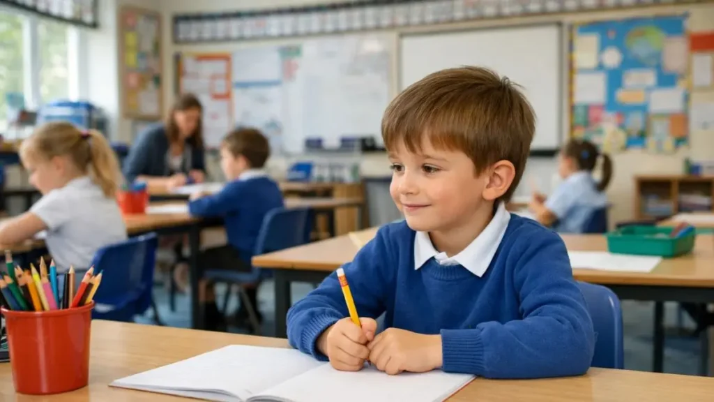 When ‘good behaviour’ hides a struggling child 2 Primary school child sitting quietly in class with a polite smile, looking tense