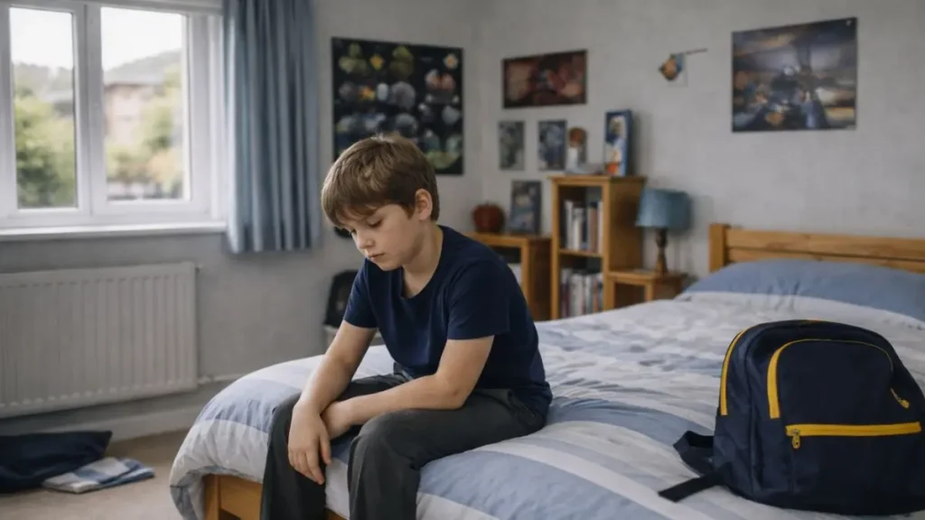 Child sitting on a bed after school looking tired and withdrawn with a school bag beside them