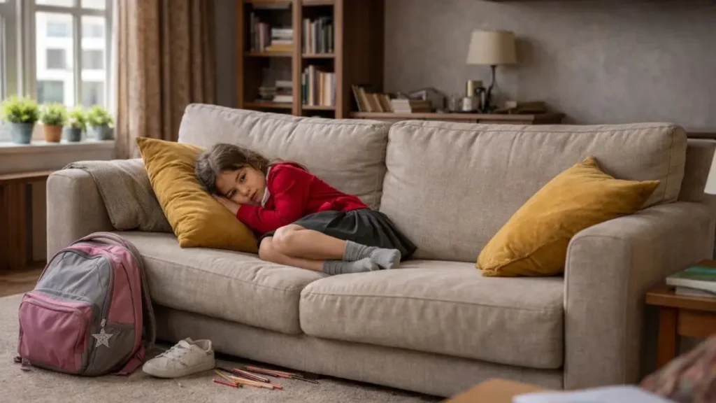 Child lying curled up on a sofa resting after school with backpack on the floor