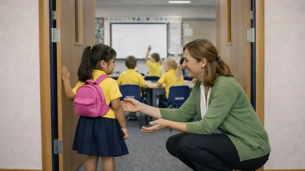 Young child with backpack hesitating at classroom door while teacher smiles reassuringly