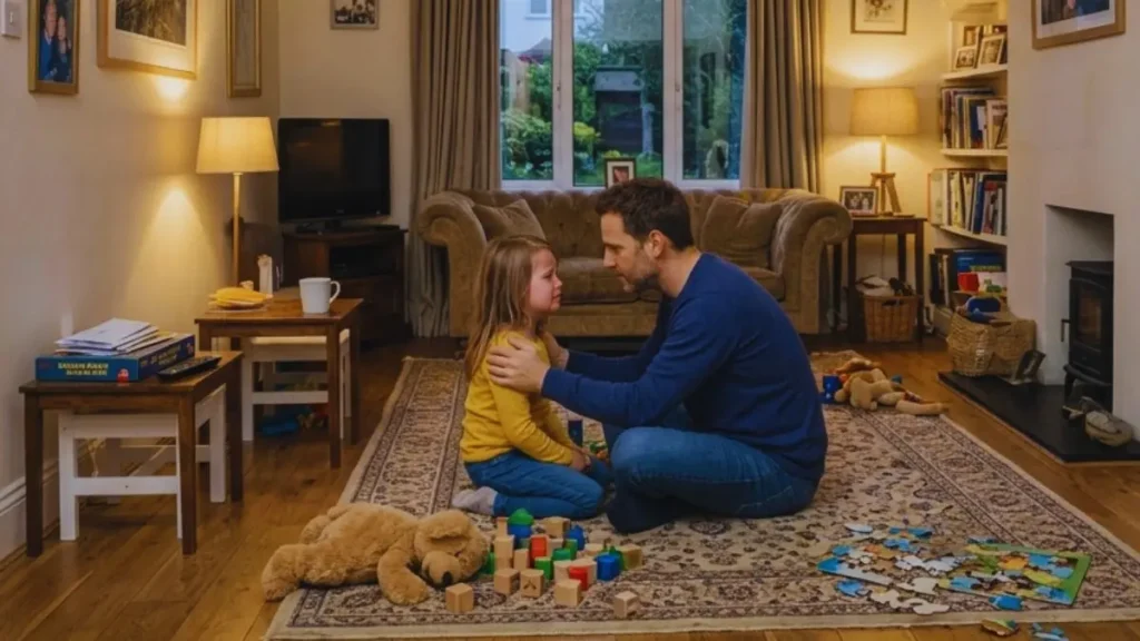 What calm family life actually looks like 3 Parent remaining calm while a child has a difficult moment in a realistic UK living room.