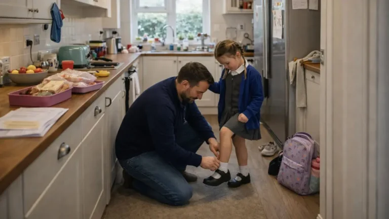 Dad helping child get ready for school in a lived-in UK kitchen during the morning routine