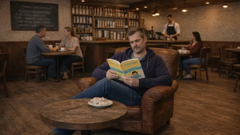 Father sitting in a coffee shop reading a parenting book while thinking.