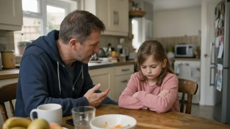 Father speaking to daughter at kitchen table while she looks withdrawn and emotionally shut down