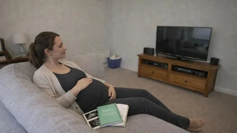 Pregnant woman resting on a sofa with baby notes and scan photos beside her in a UK living room