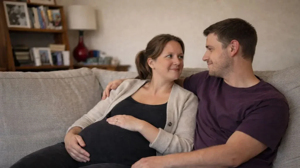 Pregnant woman sitting on sofa with partner holding her while they look at each other at home