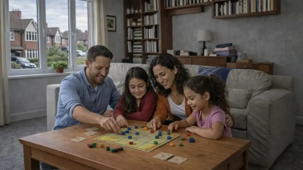Parents and two children sitting around a coffee table playing a quiet board game together at home