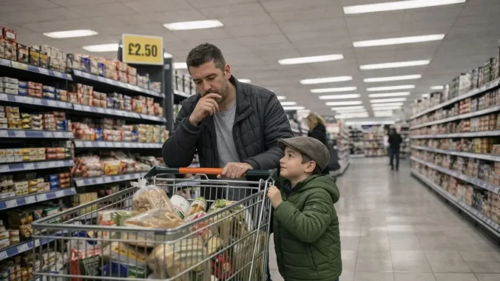 Where families actually overspend without realising 2 Parent looking at a shopping trolley in a UK supermarket appearing thoughtful about spending