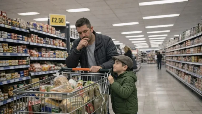 Parent looking at a shopping trolley in a UK supermarket appearing thoughtful about spending