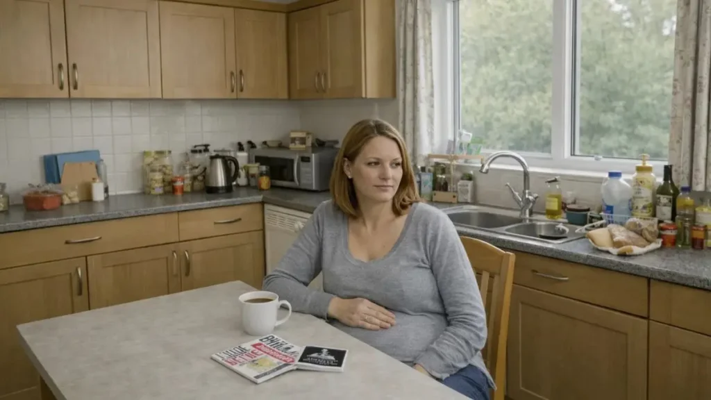 Expectant mother sitting at kitchen table in a normal UK home looking thoughtful during pregnancy