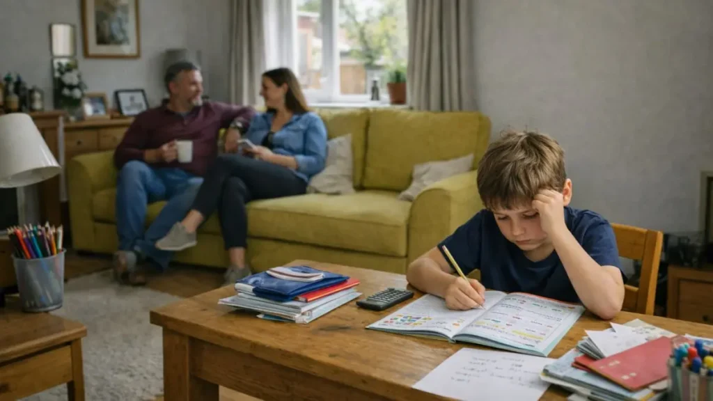 Child doing homework at a table while parents sit on a sofa behind them, unaware of hidden struggle
