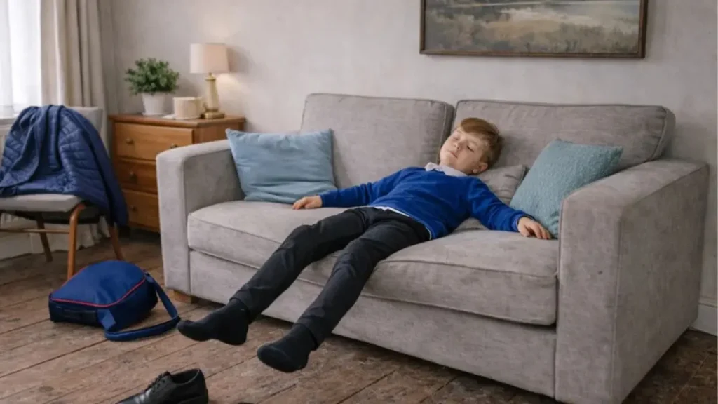 When ‘good behaviour’ hides a struggling child 3 Child slumped on a sofa at home after school, looking exhausted and overwhelmed