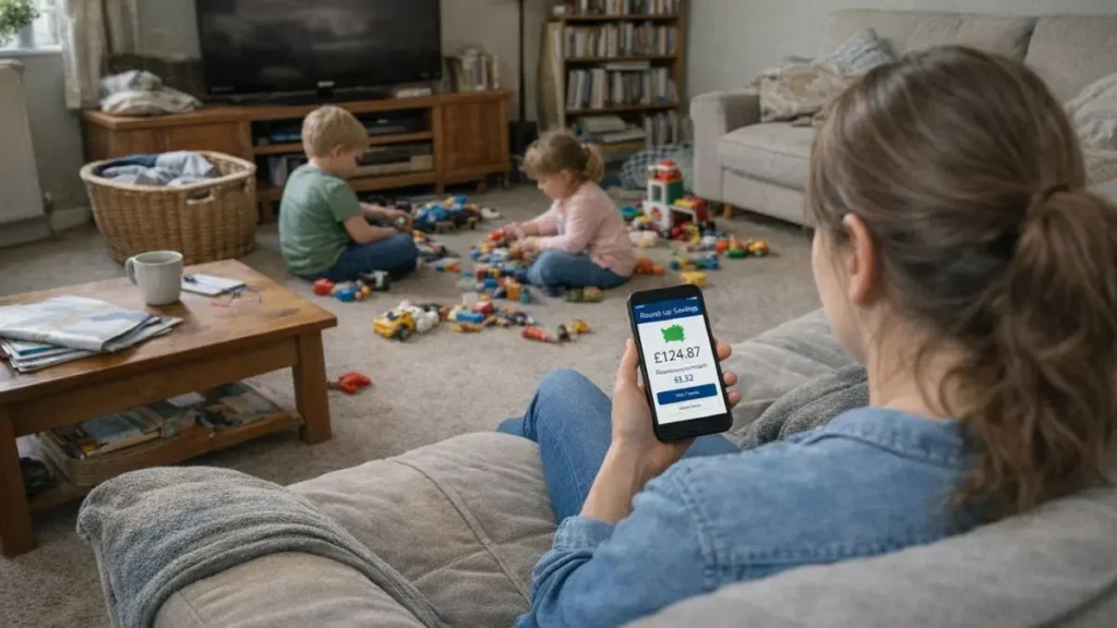Parent sitting on sofa checking savings and round-ups in banking app while children play nearby