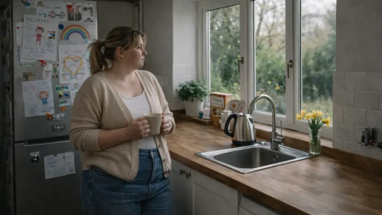 Mum standing at a kitchen sink holding a mug, looking out of the window in a calm pause during the day.