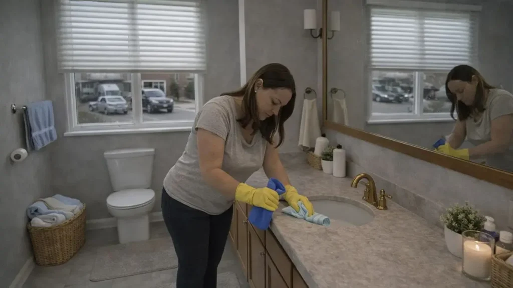 Mother cleaning a bathroom sink while wearing gloves, showing ongoing household tasks and lack of downtime.