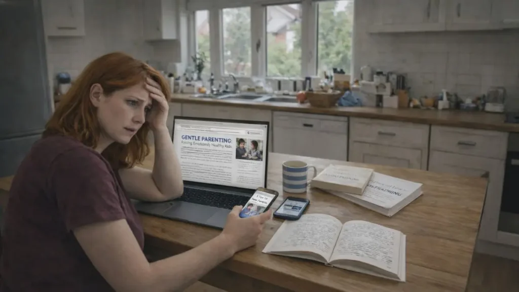 A tired mother sitting at a kitchen table surrounded by parenting books and devices while reading parenting advice on a laptop and phone