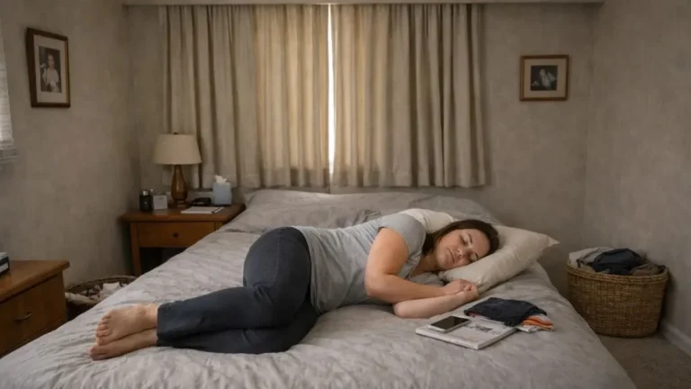 Mother lying on a bed resting during the day with a phone and book nearby in a simple UK bedroom setting.