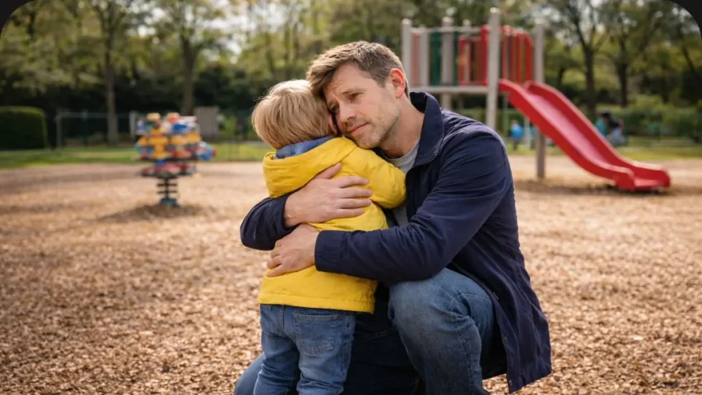 When parenting feels harder than you expected 3 An overwhelmed father kneeling to connect with his child with a hug in a playground.