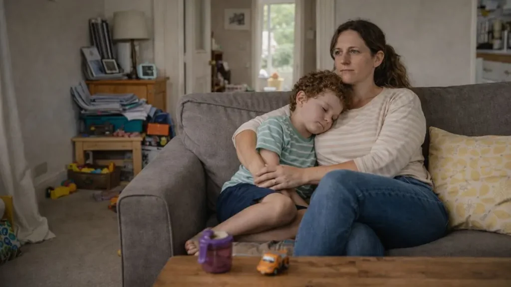 Why some parents feel constantly on edge 3 Parent sitting quietly with child in a calm moment in a UK living room.