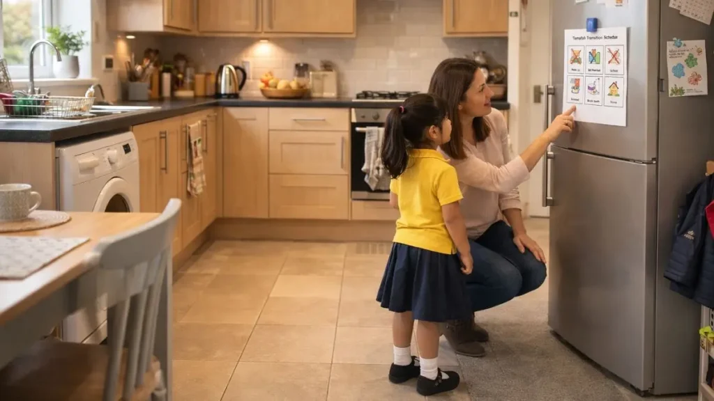 Parent and young child looking at a visual transition chart on a fridge at home