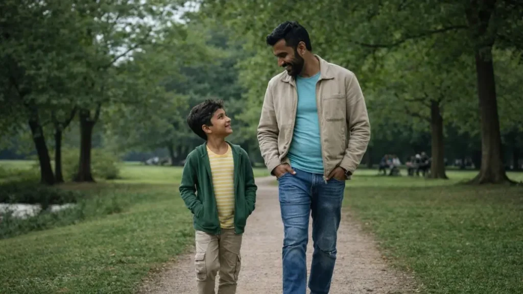 Parent walking with child in a park having a quiet conversation.