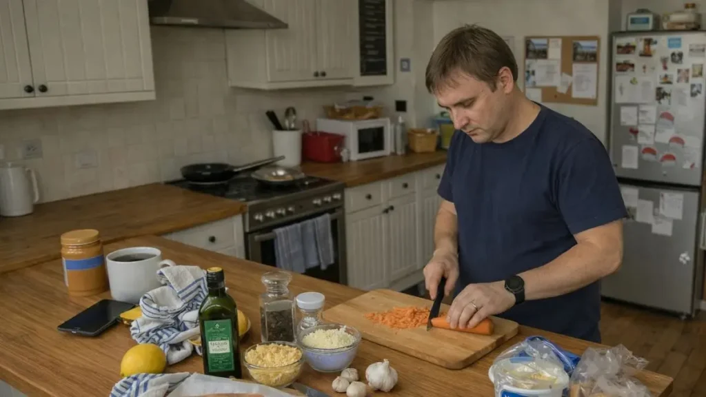 How to cut household costs without making life harder 3 Parent chopping vegetables in a family kitchen while preparing a simple meal.