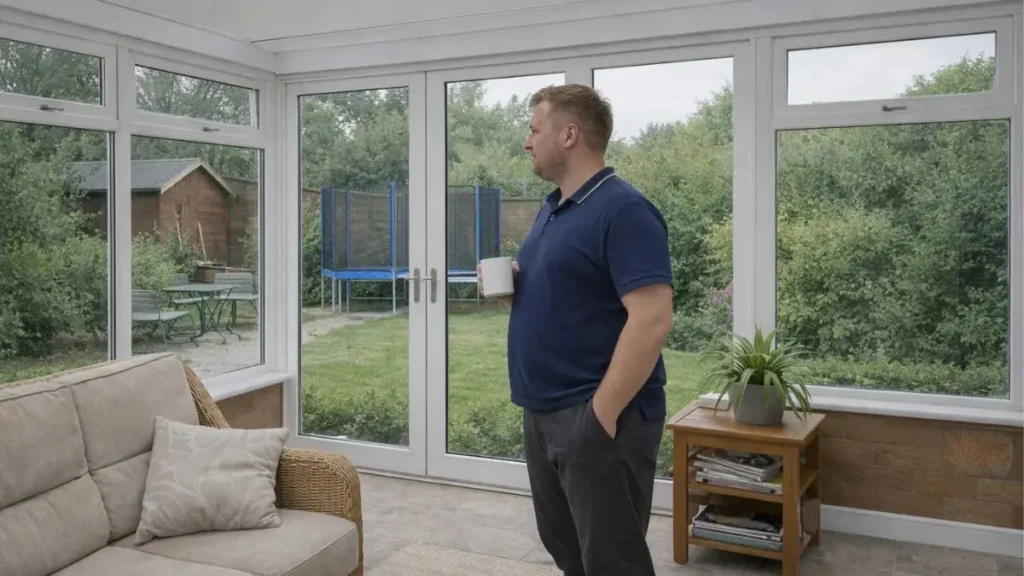 Supporting your wellbeing without added pressure 2 Parent standing in a conservatory holding a mug, pausing and looking out into a garden in a realistic UK home.