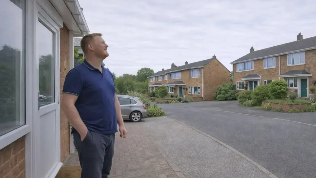 Supporting your wellbeing without added pressure 3 Parent standing outside a front door on a quiet UK street, taking a moment and looking upward.