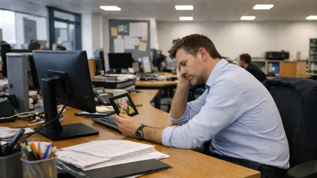 When parenting feels harder than you expected 2 A tired father sitting at a desk in a busy office looking at a photo of his young child.