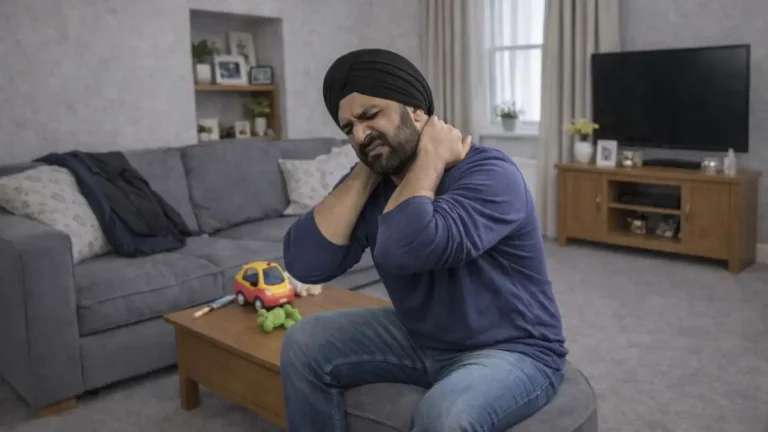 Parent holding their neck and shoulders looking tense in a realistic UK home setting.