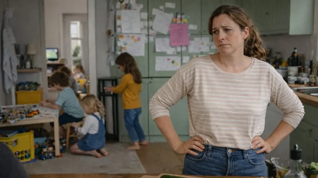 Why some parents feel constantly on edge 2 Parent looking slightly tense while children play in a busy UK kitchen.