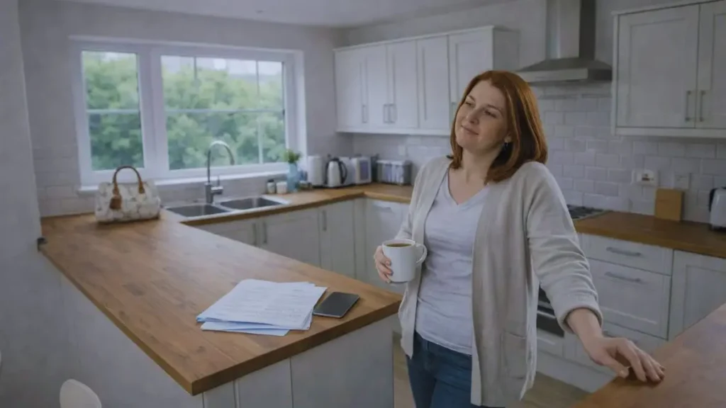 Parental burnout: early signs and what helps 3 Parent standing quietly in a kitchen holding a cup of tea, taking a brief moment to themselves.