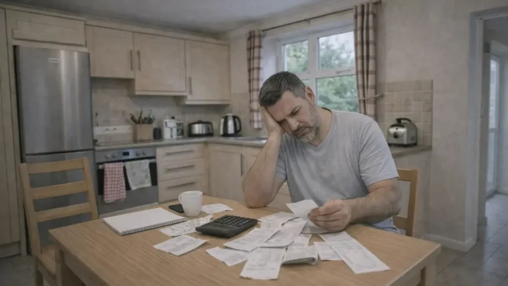 Where families actually overspend without realising 3 Parent reviewing household budget at a kitchen table with receipts and a calculator.