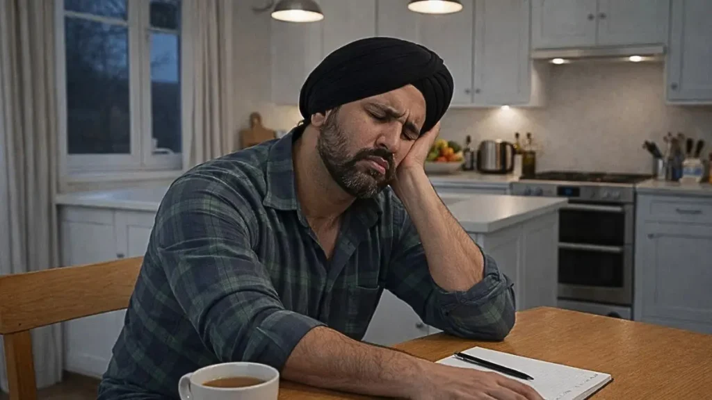 Parent sitting at a kitchen table looking tired and drained in the evening with subtle signs of fatigue.