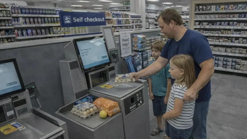 How to cut household costs without making life harder 2 Parent using a supermarket self-checkout with children while scanning groceries.