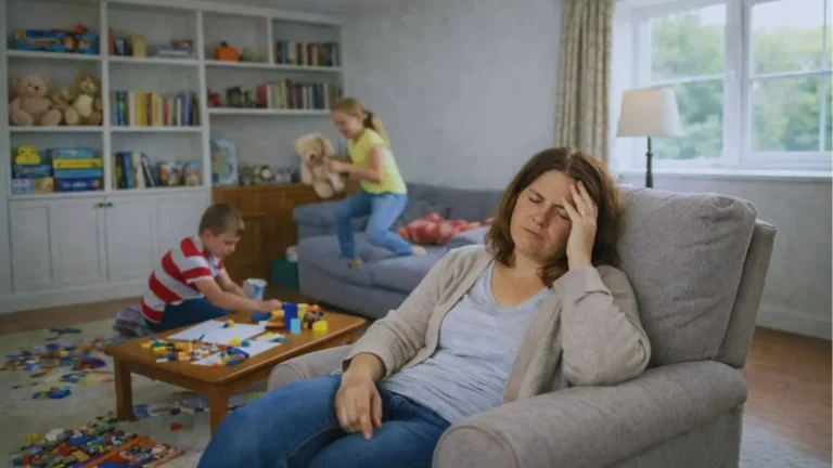 Tired parent sitting in an armchair looking overwhelmed while children play noisily in the background.
