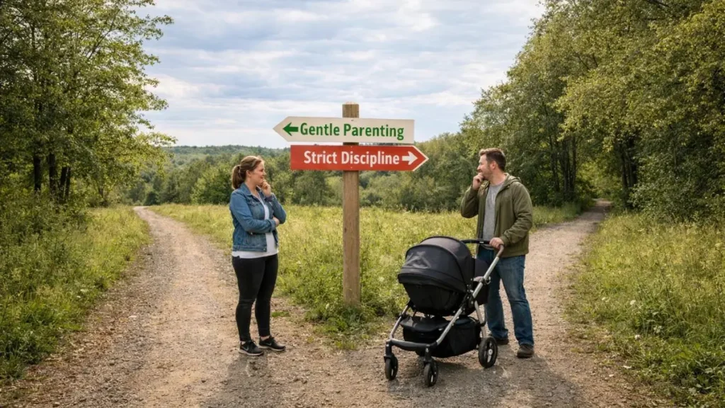 Parents with a pram standing at a crossroads sign showing gentle parenting and strict discipline.