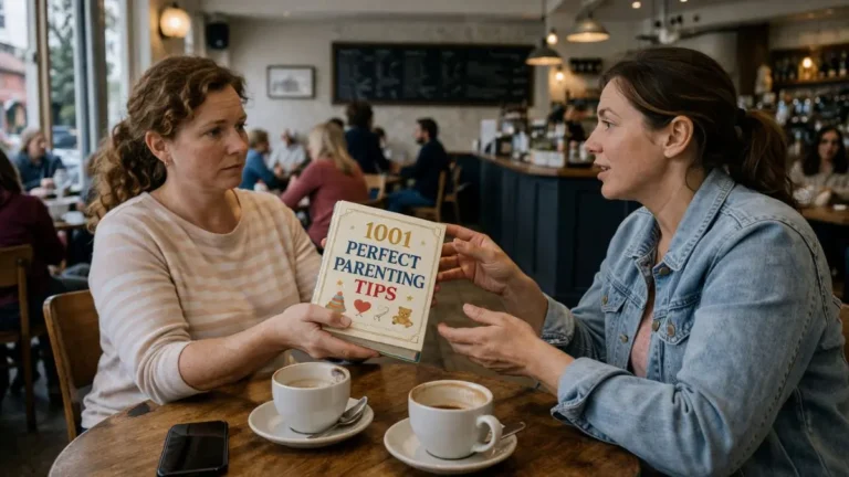 Two mums in a UK café, one handing a book titled “1001 Perfect Parenting Tips” to the other, who looks unsure.