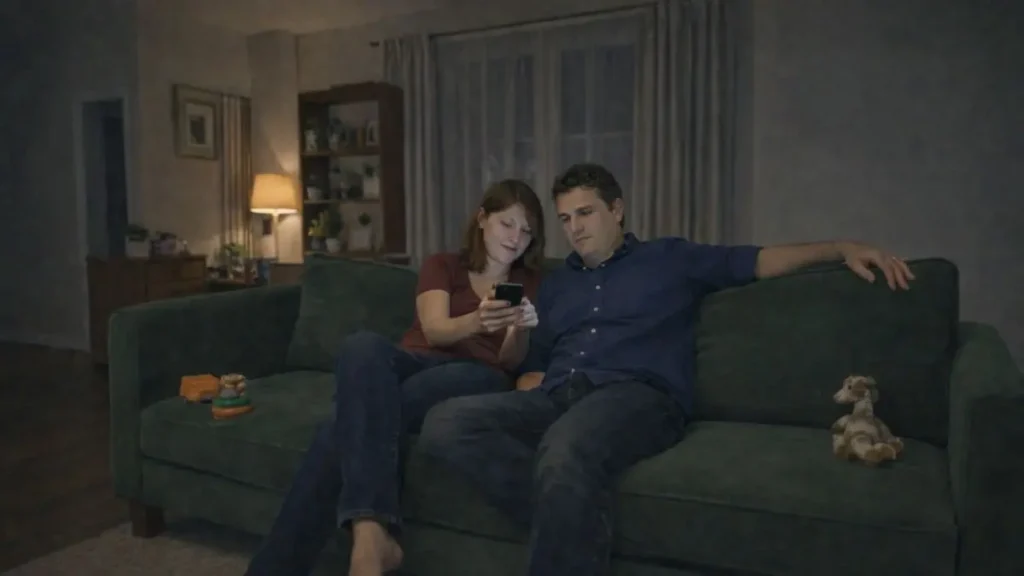 A mother and father sitting together on a sofa in the evening looking at parenting advice on a smartphone