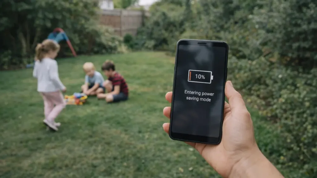 Why doing less in parenting can feel calmer and easier 3 Smartphone on 10 percent battery in power saving mode next to a parent in a calm home setting