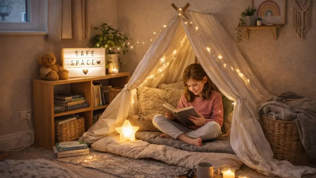 Child sitting in a calm indoor tent space reading quietly during post-shutdown recovery