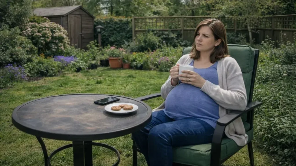 other sitting in a garden chair in a UK garden holding a mug of tea and looking worried during pregnancy